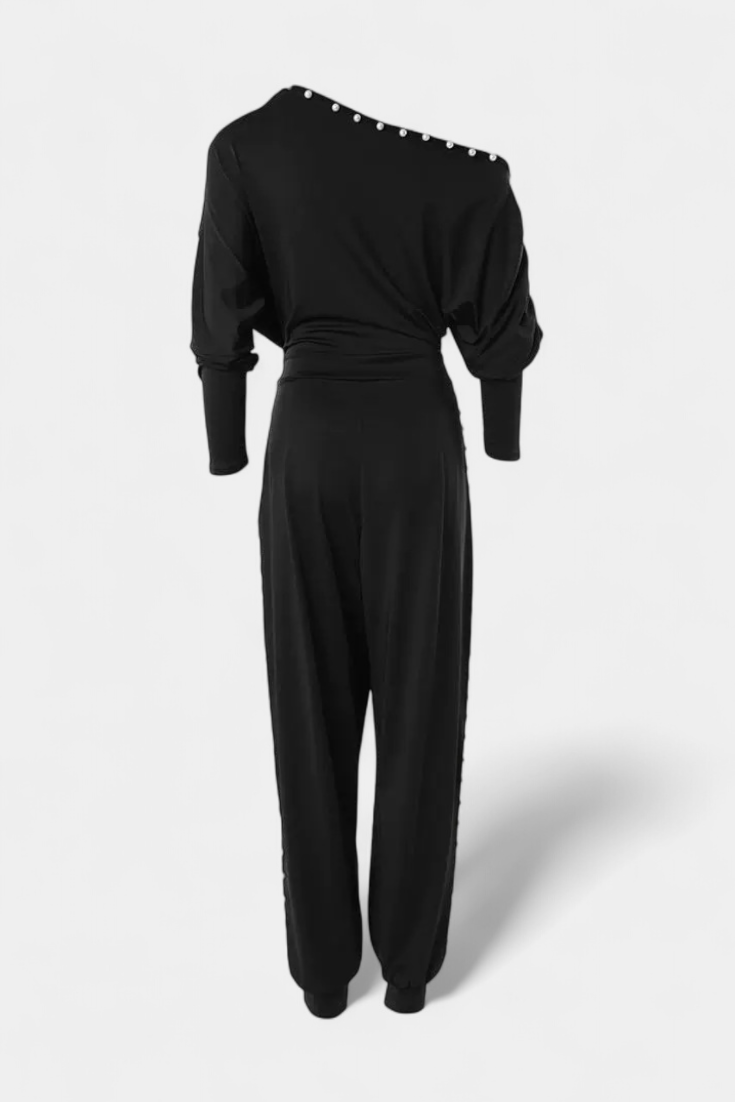 Asymmetrical Beaded Jumpsuit with Straight Leg Design