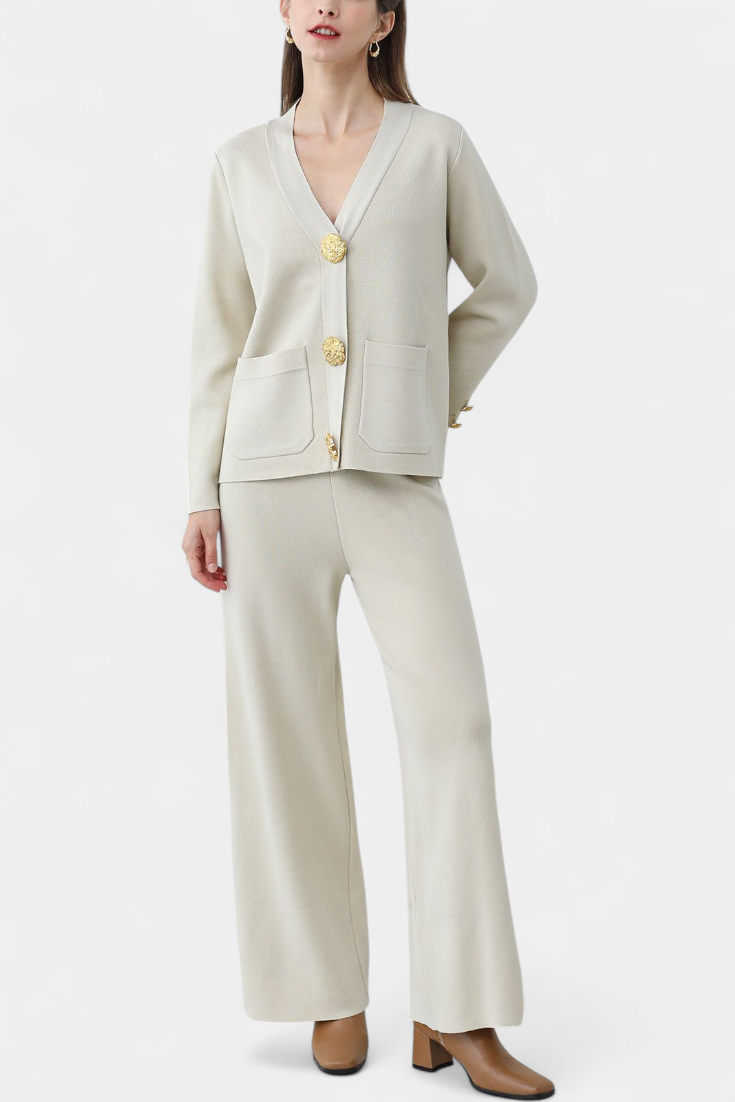 Aireen Classic Cardigan Set with Wide-Leg Trousers