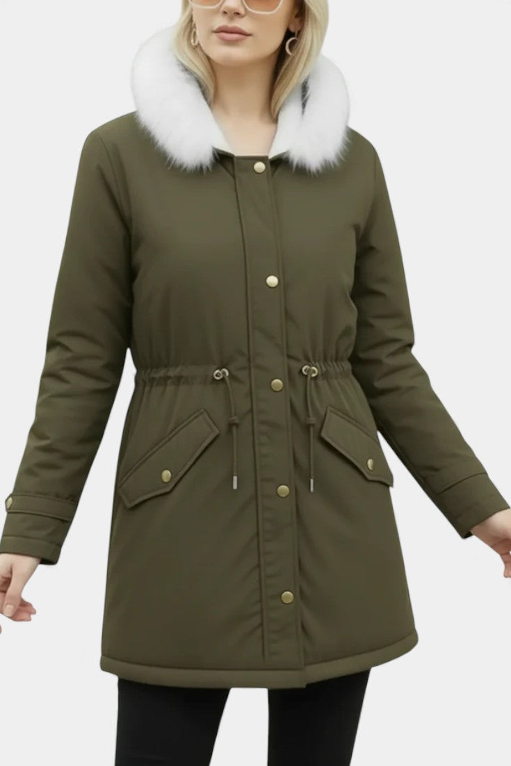 Lanra Faux Fur Trim Hooded Winter Parka with Belt