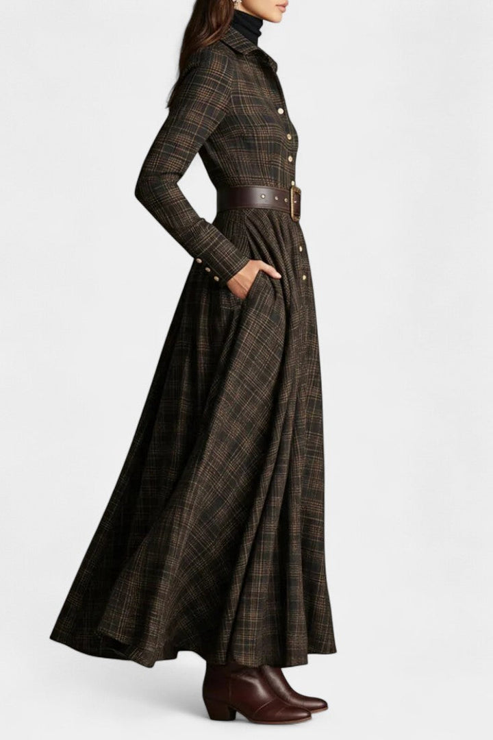 Brown and Black Plaid Long Shirt Dress by Aliette