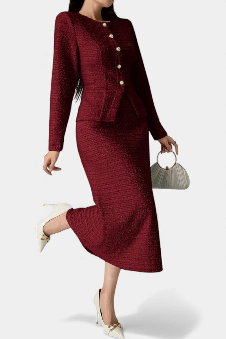 Véronique Two-Piece Tweed Ensemble – Round Neck Blouse with Midi Mermaid Skirt