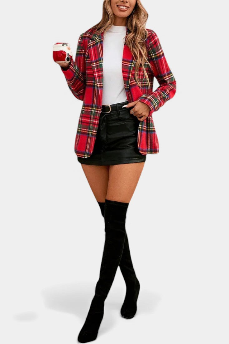 Alvine Long Plaid Blazer featuring Notched Collar and Single Button Fastening