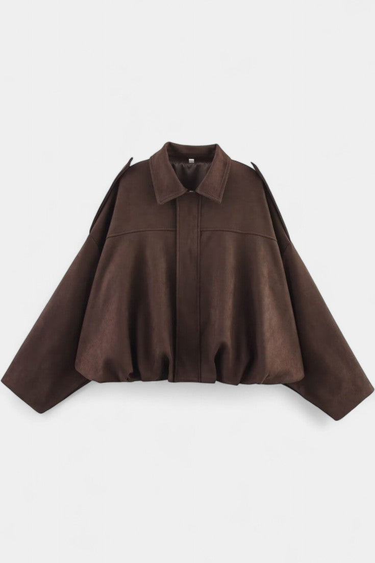 Monnie Oversized Suede Bomber Jacket with Tailored Shoulders