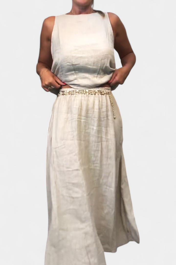 Meliora Linen-Cotton Set with Sleeveless Vest and Maxi Skirt