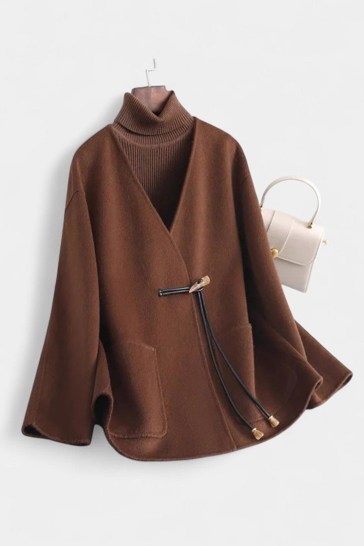 Brunaelle Striped Accent Drawstring Cape Coat in Relaxed Fit