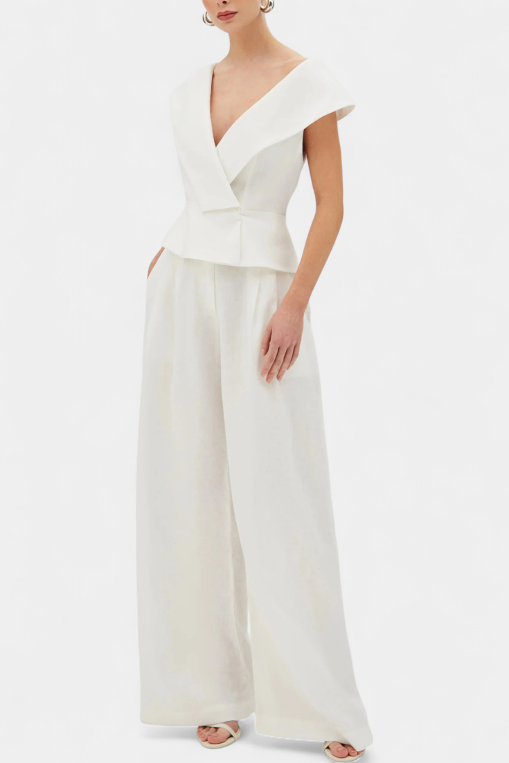 Hayden Ensemble Structured Top with Wrap Neck and Palazzo Pants