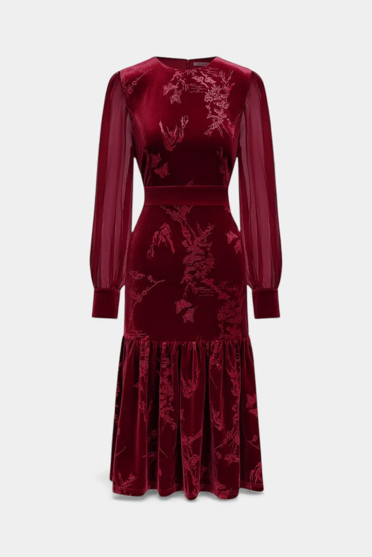 Mavluda Puff Sleeve Midi Mermaid Dress with Round Neck