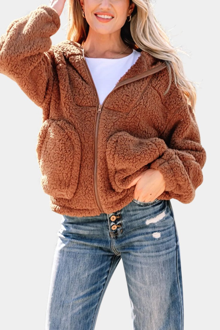 Loose Fit Roza Teddy Hooded Zip Jacket