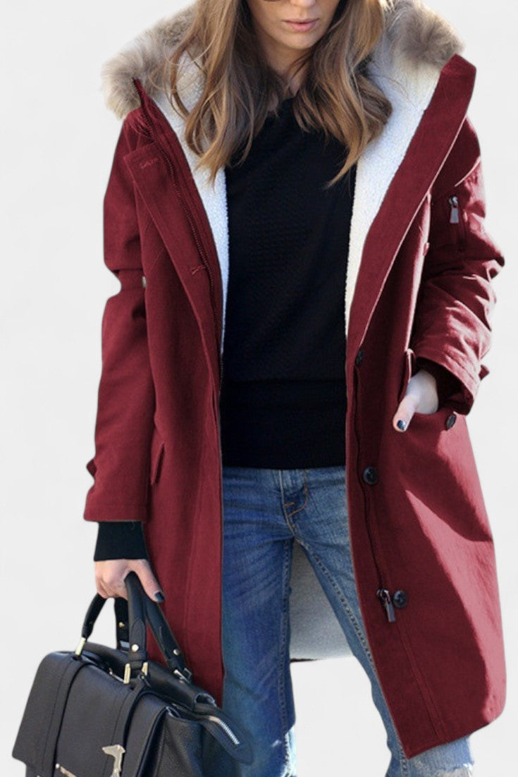 Katell Mid-Length Hooded Parka Featuring Faux Fur Collar