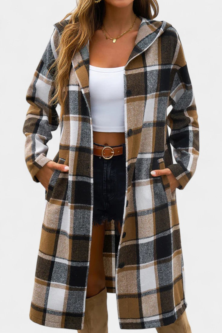 Sandrine Hooded Jacket with Button Closure in Brushed Check Design