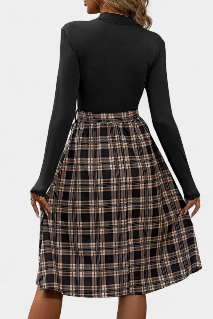 Orlane High-Collar A-Line Dress in Patchwork Check with Long Sleeves