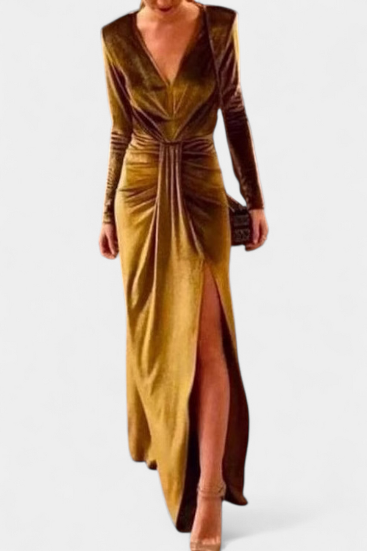 LaVerna Golden Robe with Deep V-Neckline and Front Slit