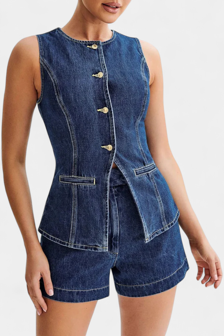 Raya Denim Ensemble: Sleeveless Jacket & High-Waisted Shorts