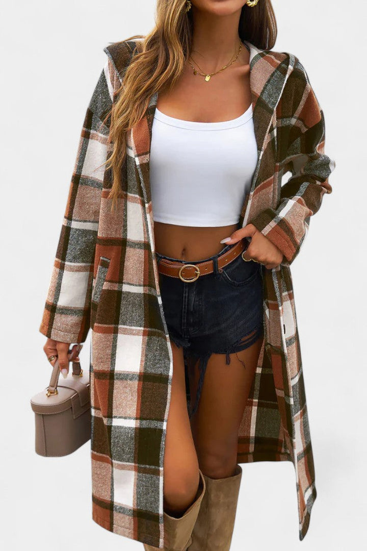 Sandrine Hooded Jacket with Button Closure in Brushed Check Design