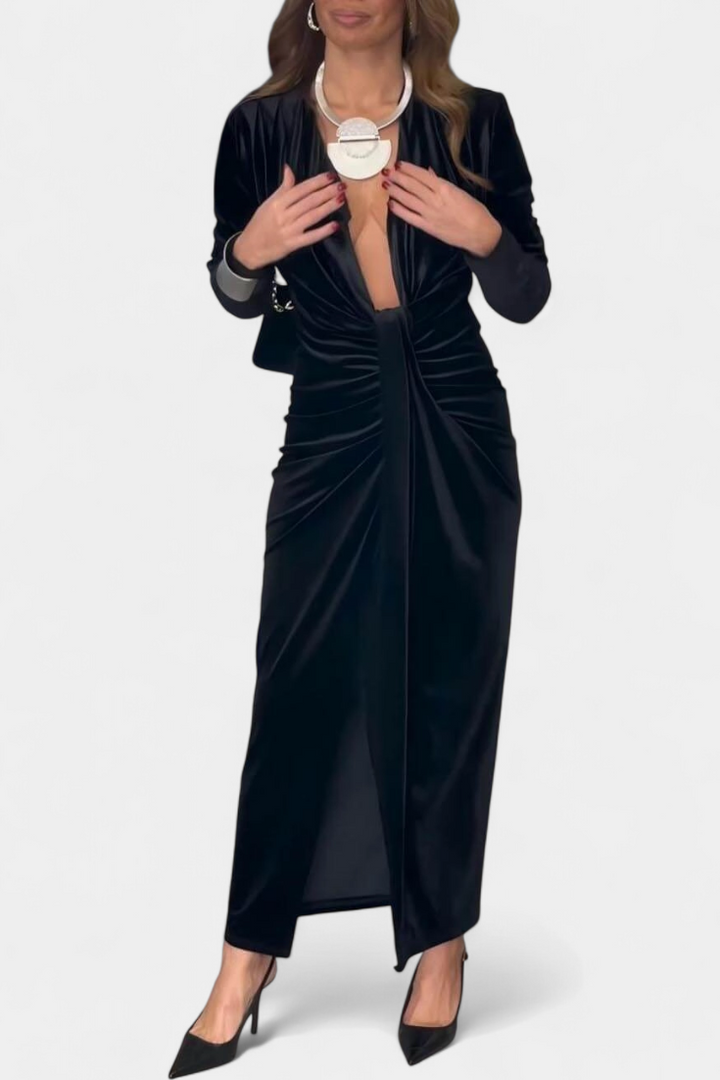 LaVerna Golden Robe with Deep V-Neckline and Front Slit