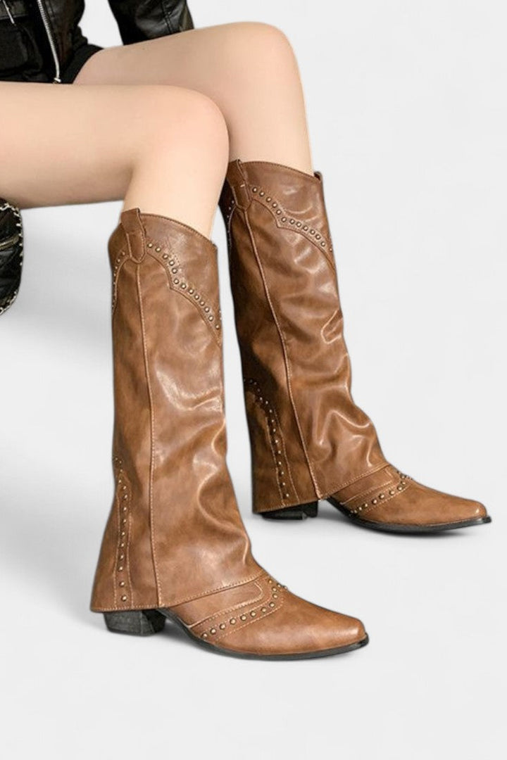 Faulen Pointed Toe High Heeled Boots with Vintage Metallic Accents