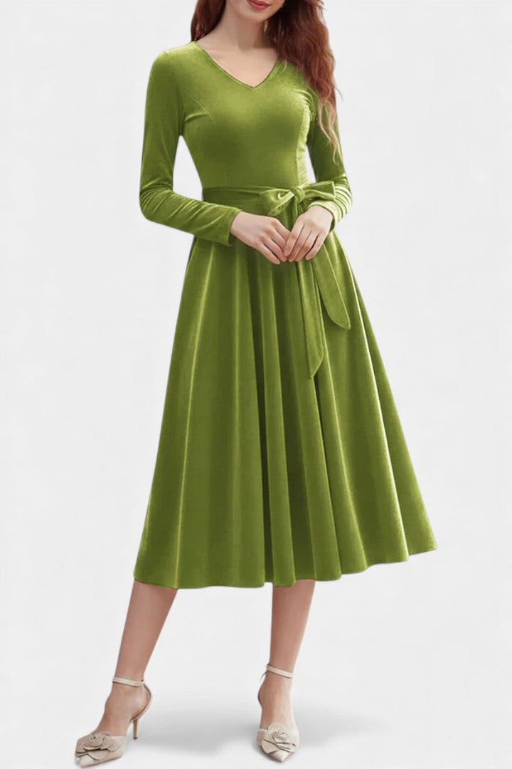 Almena V-Neck Midi Velvet Dress - Elegant and Perfect for Festive Occasions