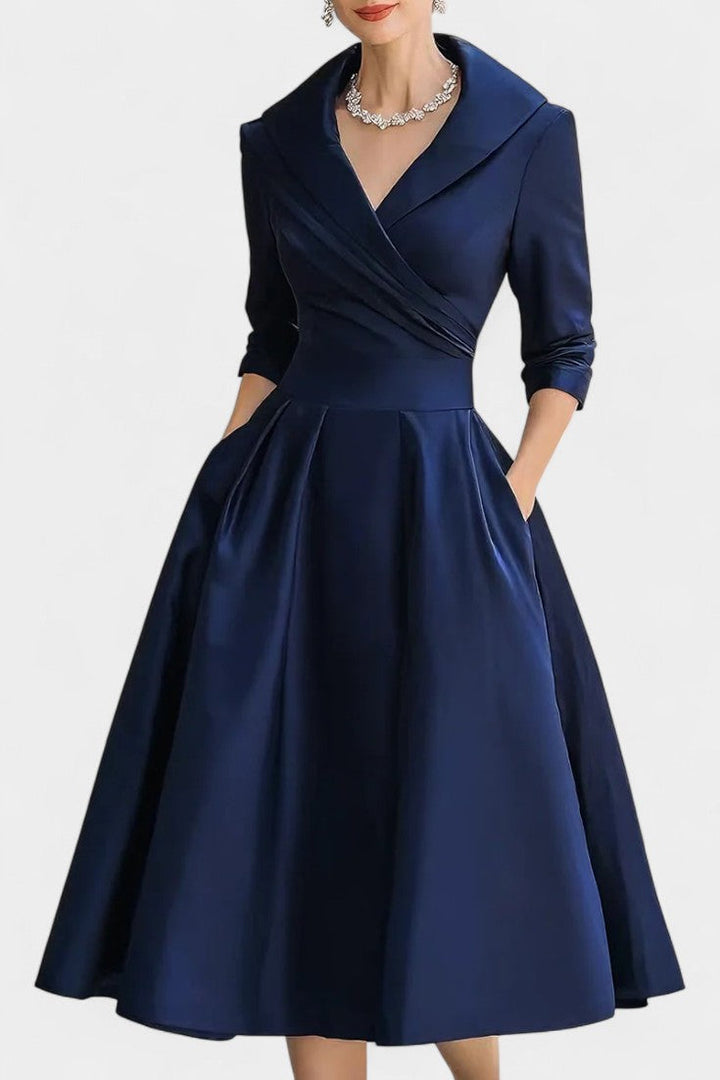 Solid Color Nixie Midi Dress with V-Neck and A-Line Silhouette