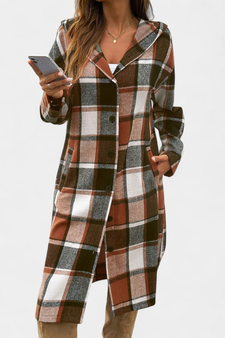 Sandrine Hooded Jacket with Button Closure in Brushed Check Design