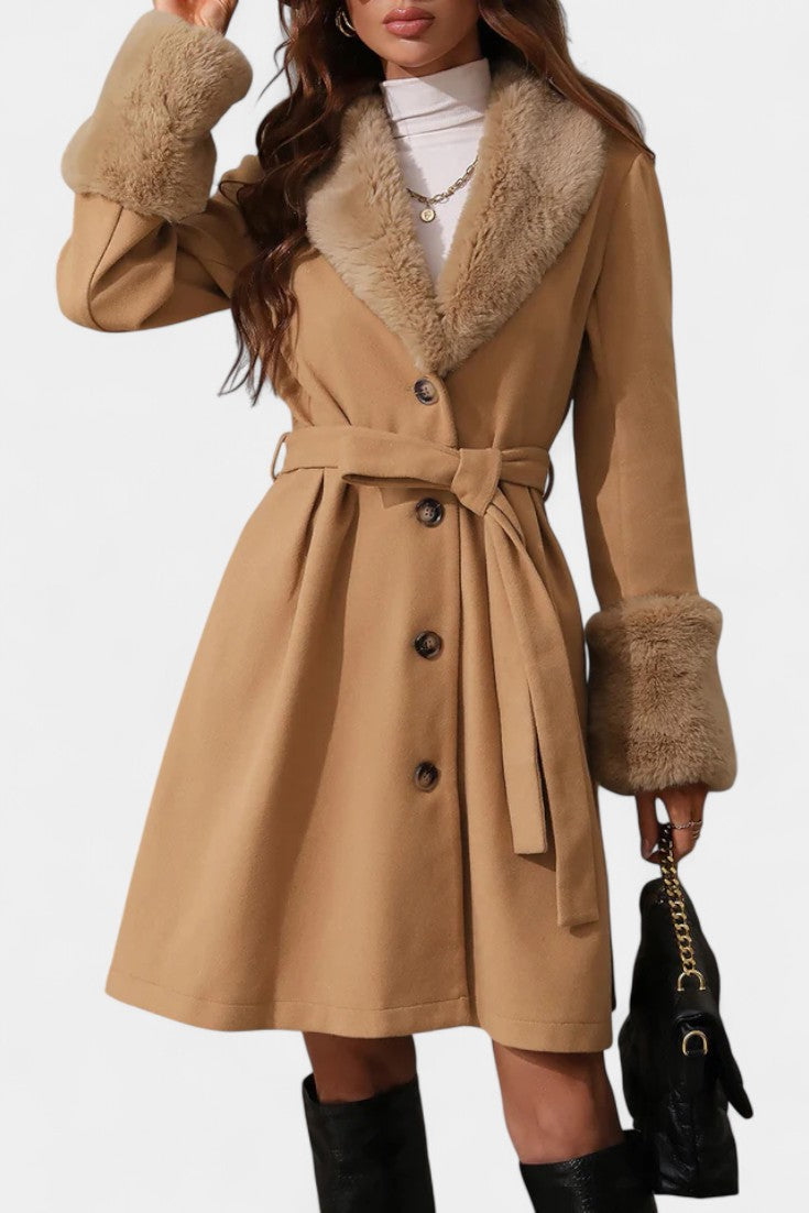 Colombine Trapeze Coat with Belt and Faux Fur Accents
