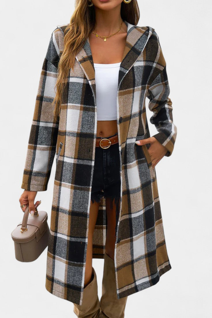 Sandrine Hooded Jacket with Button Closure in Brushed Check Design