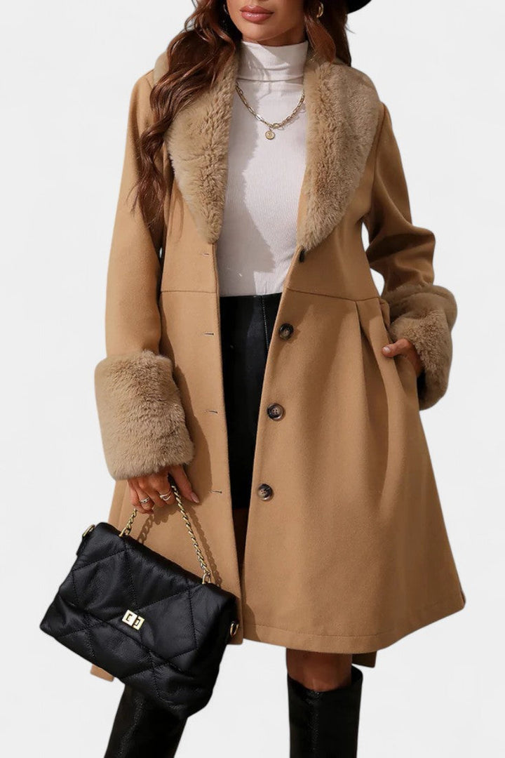 Colombine Trapeze Coat with Belt and Faux Fur Accents