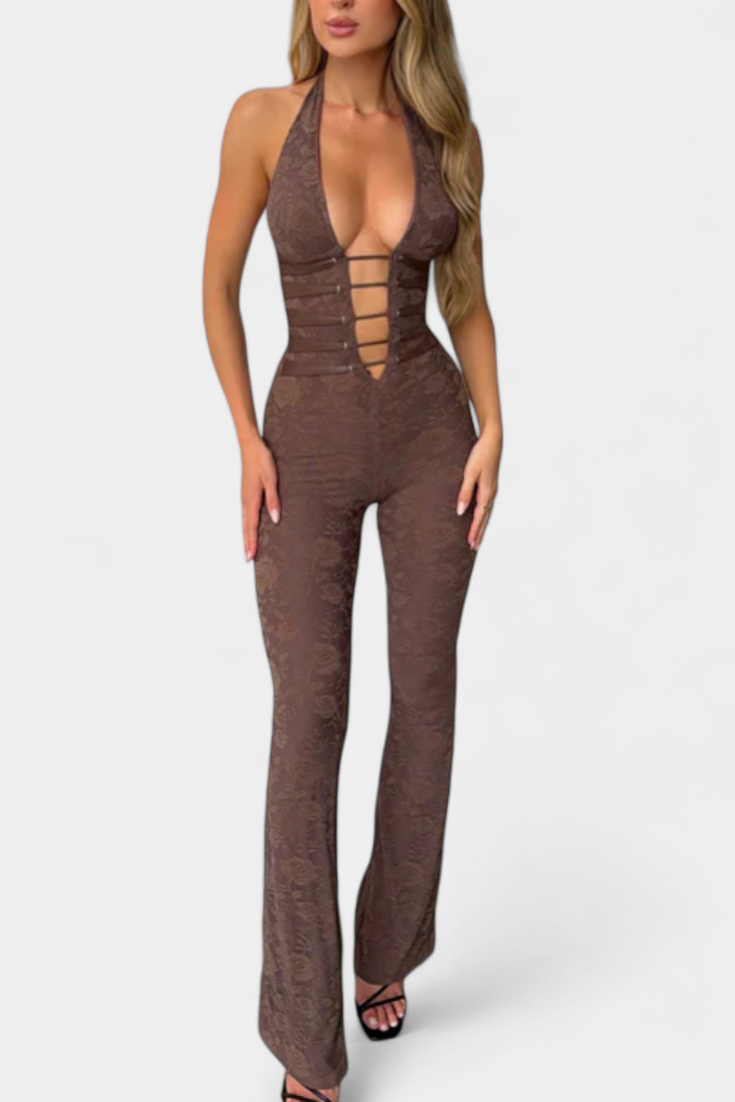 Kendra Floral Lace Halter Jumpsuit Featuring an Open Back