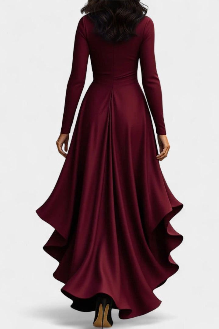 Isabeau Satin Dress Featuring Ruffled Hem and Adjustable Waist Belt