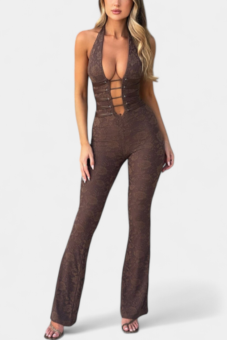Kendra Floral Lace Halter Jumpsuit Featuring an Open Back