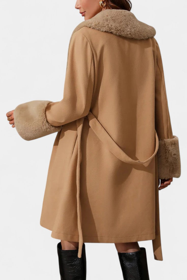 Colombine Trapeze Coat with Belt and Faux Fur Accents