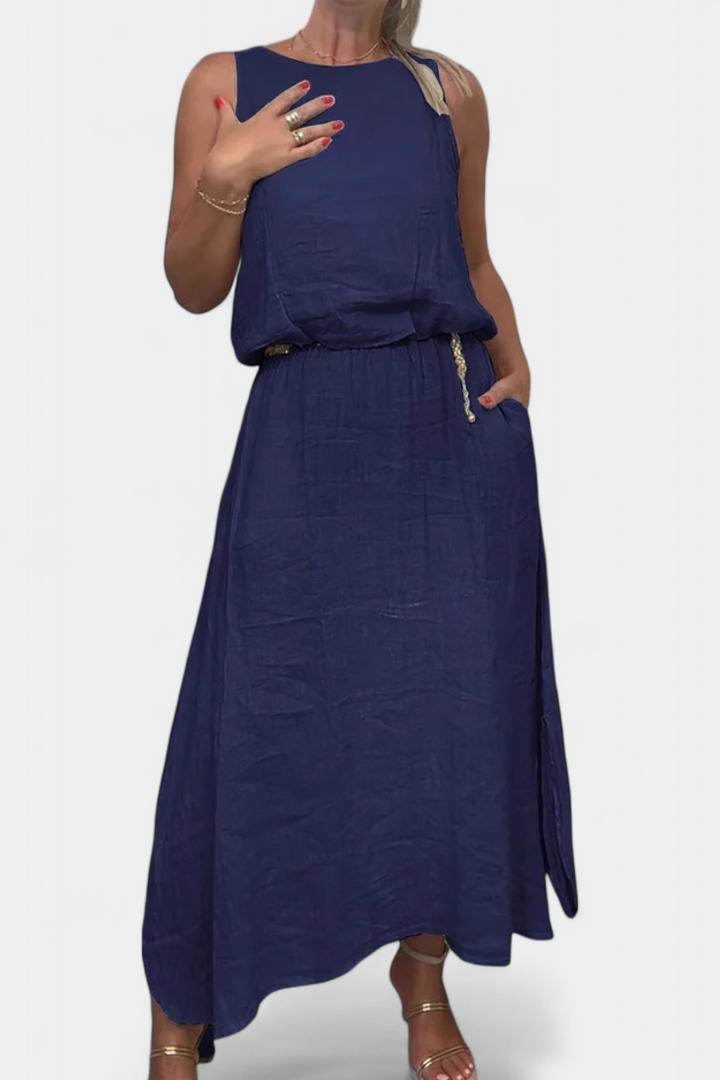 Meliora Linen-Cotton Set with Sleeveless Vest and Maxi Skirt