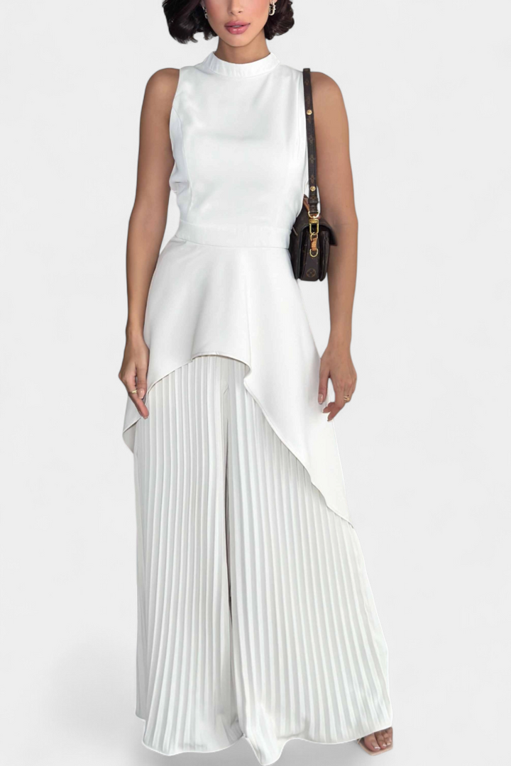 Chrysoula Asymmetrical Sleeveless Outfit with Pleated Trousers