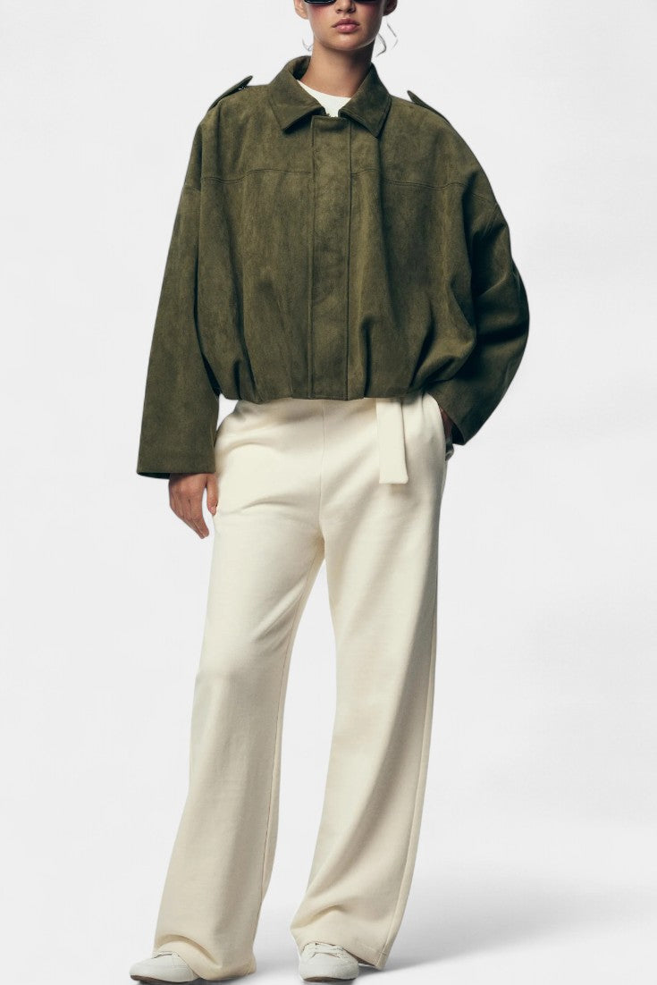Monnie Oversized Suede Bomber Jacket with Tailored Shoulders