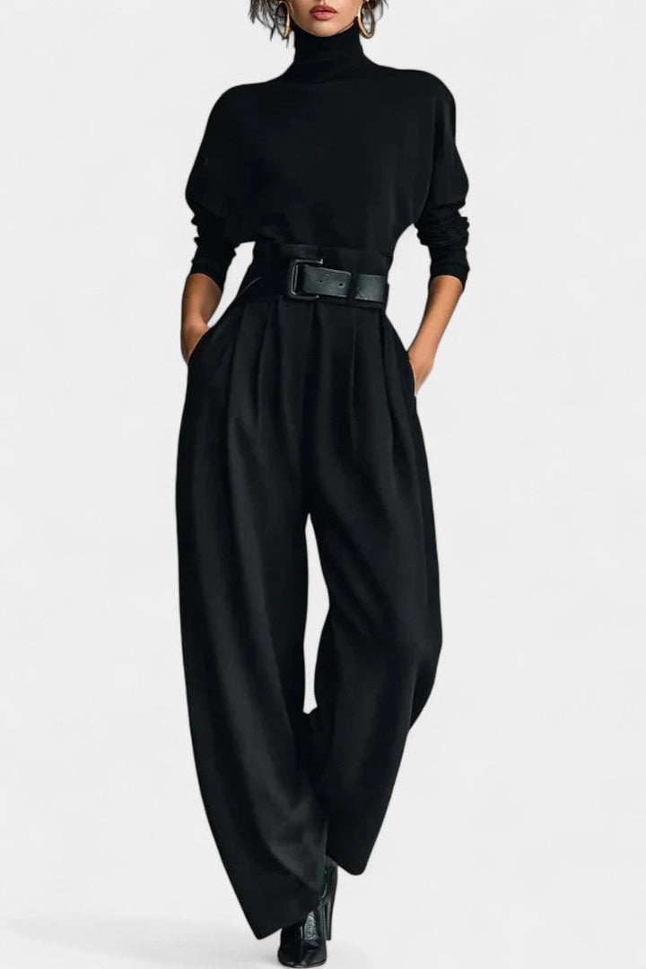 Erisen Black High Collar Ensemble with Straight Leg Trousers