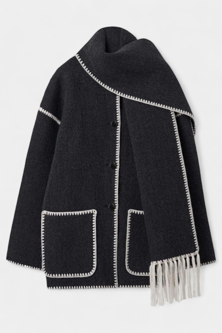 Pauline Coat Featuring Built-In Scarf and Elegant Flowing Design