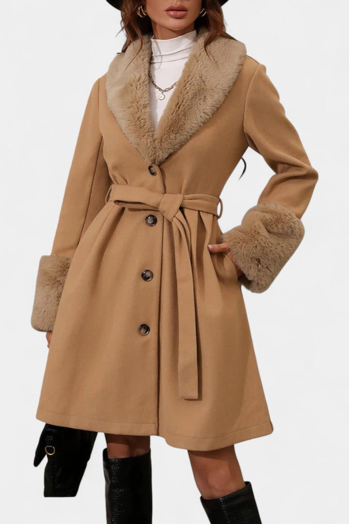 Colombine Trapeze Coat with Belt and Faux Fur Accents