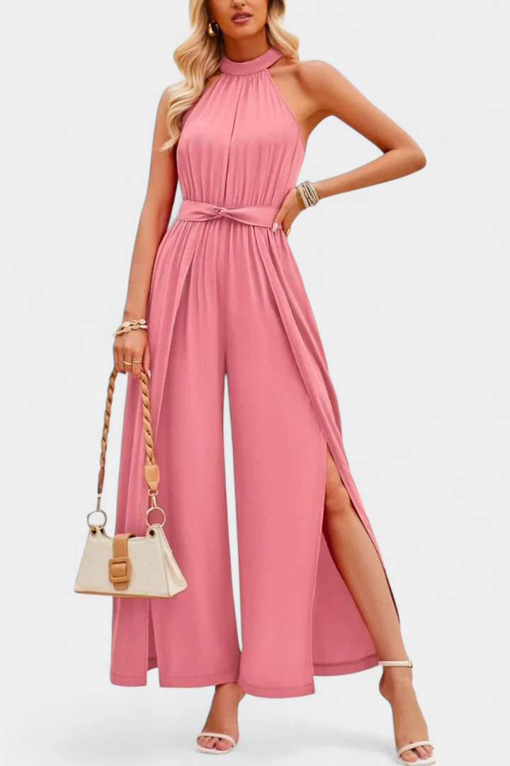 Asymmetrical One-Shoulder Jumpsuit with Bow Accent by Nyree