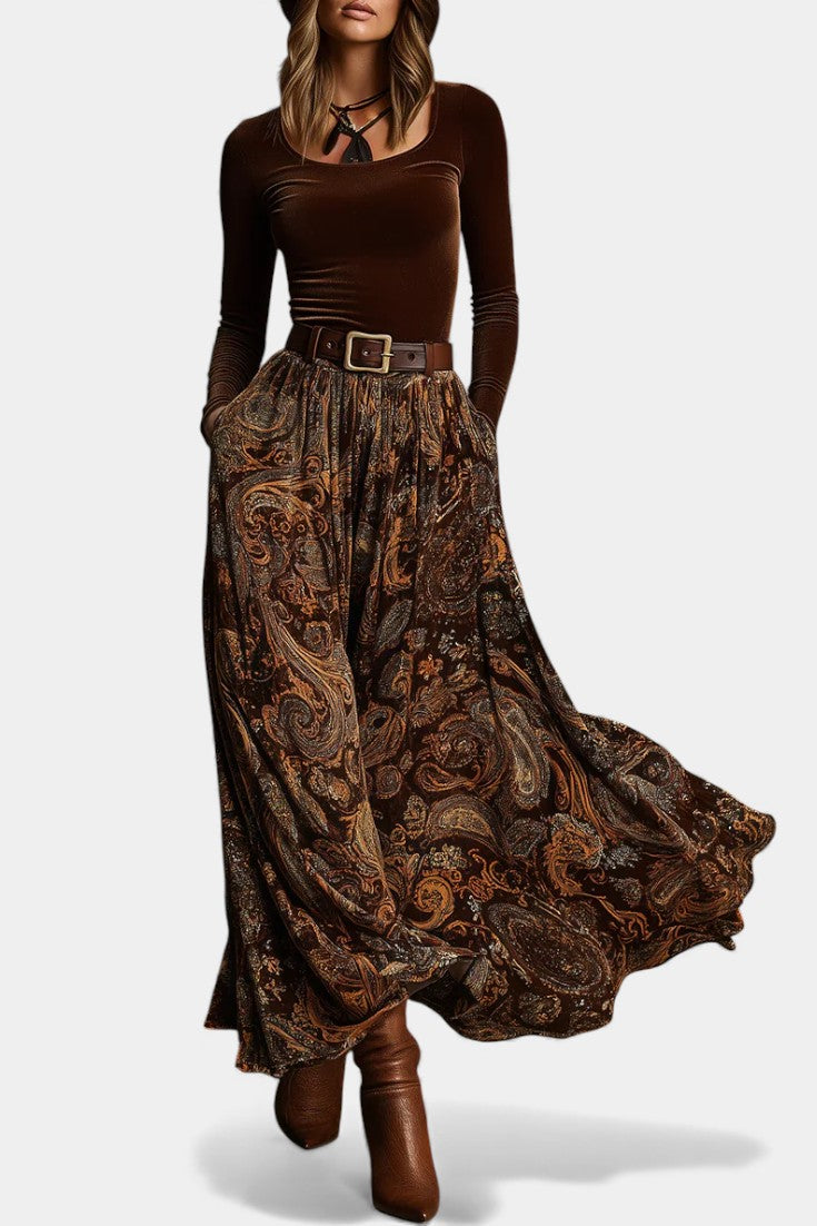 Liliya Vintage Stretch Velvet Ensemble with Paisley Maxi Skirt