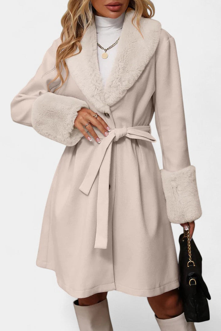 Colombine Trapeze Coat with Belt and Faux Fur Accents