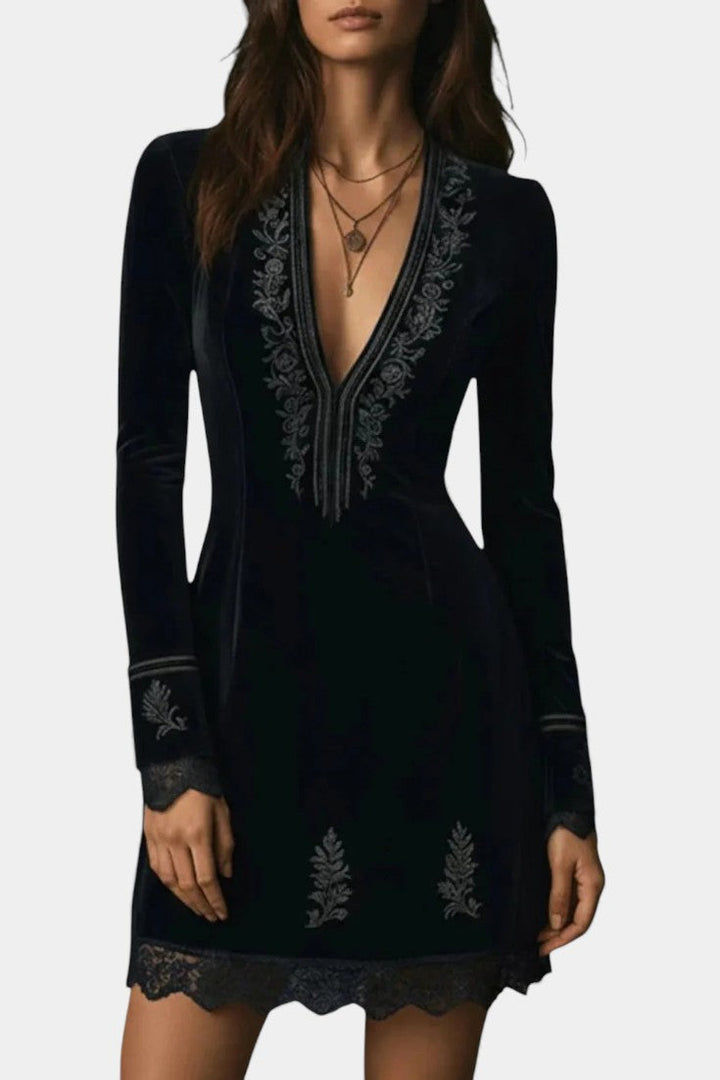 Pharélia Velvet Dress with Deep V-Neck and Embroidery