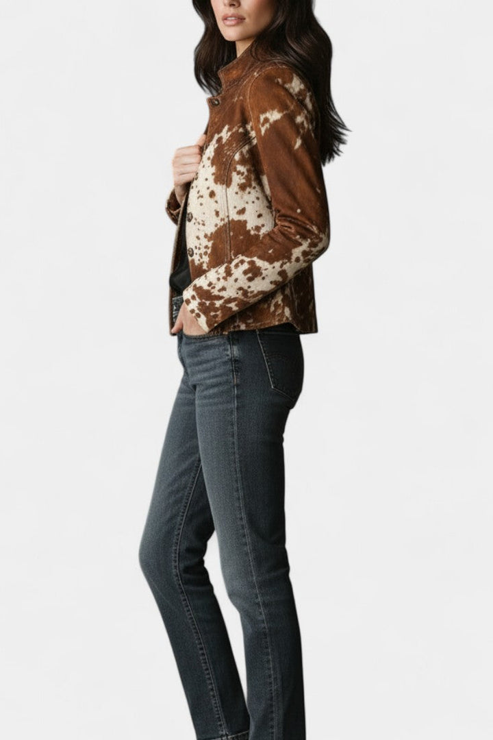 Ophira Cow Print Suede Slim Jacket with Vintage High Collar